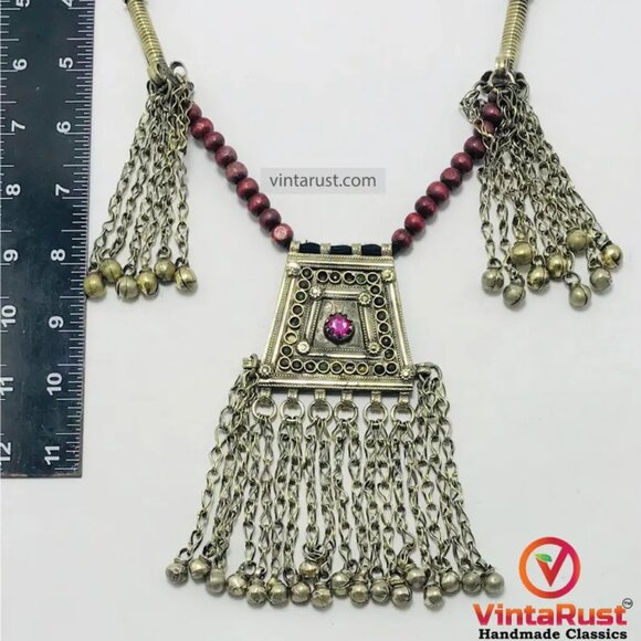 Handmade Pendant Necklace with Red Beads and Chain Tassels - Picture 7 of 10